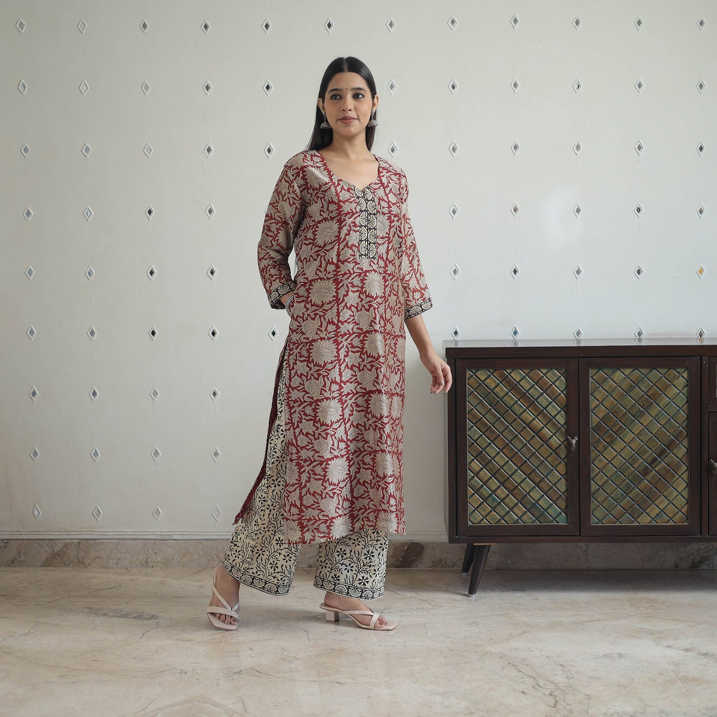 Red - hand bagru chanderi silk kurta set 10 - handcrafted