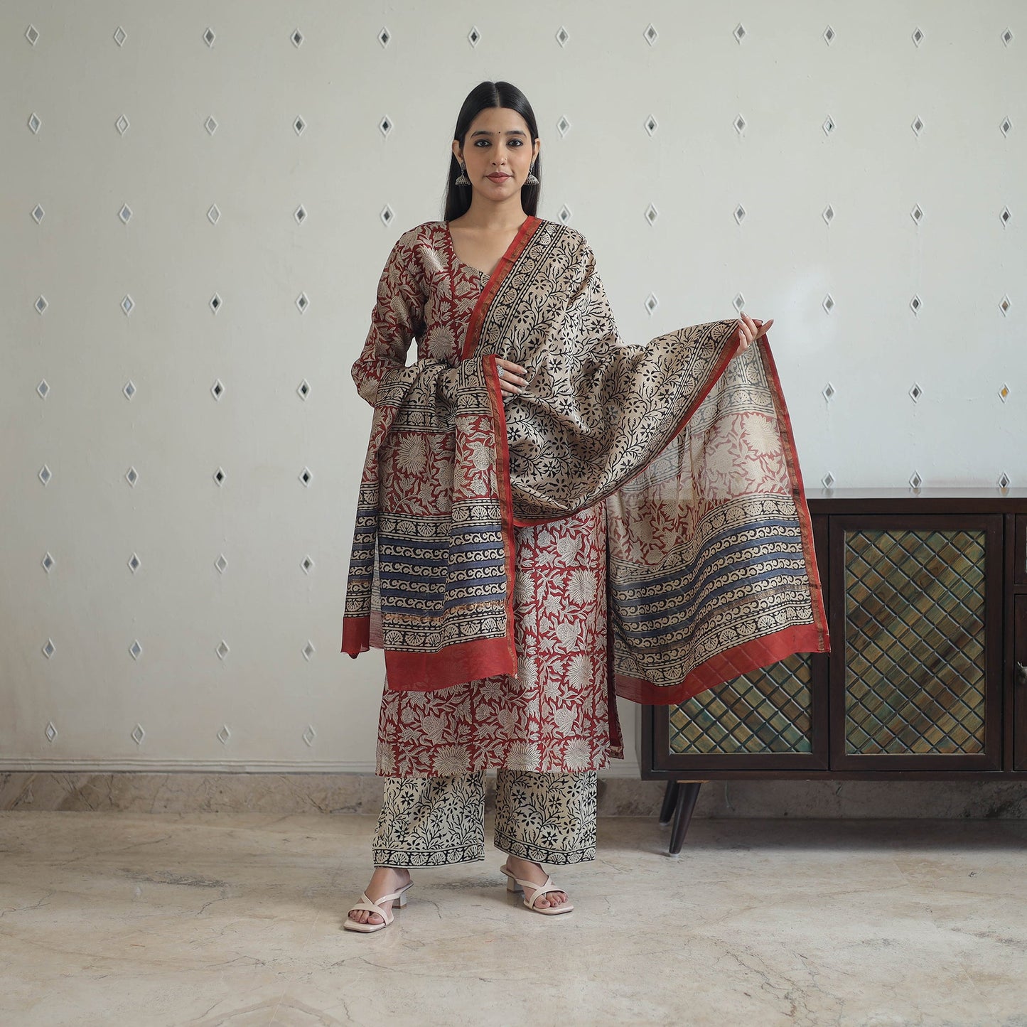 Red - hand bagru chanderi silk kurta set 10 - handcrafted