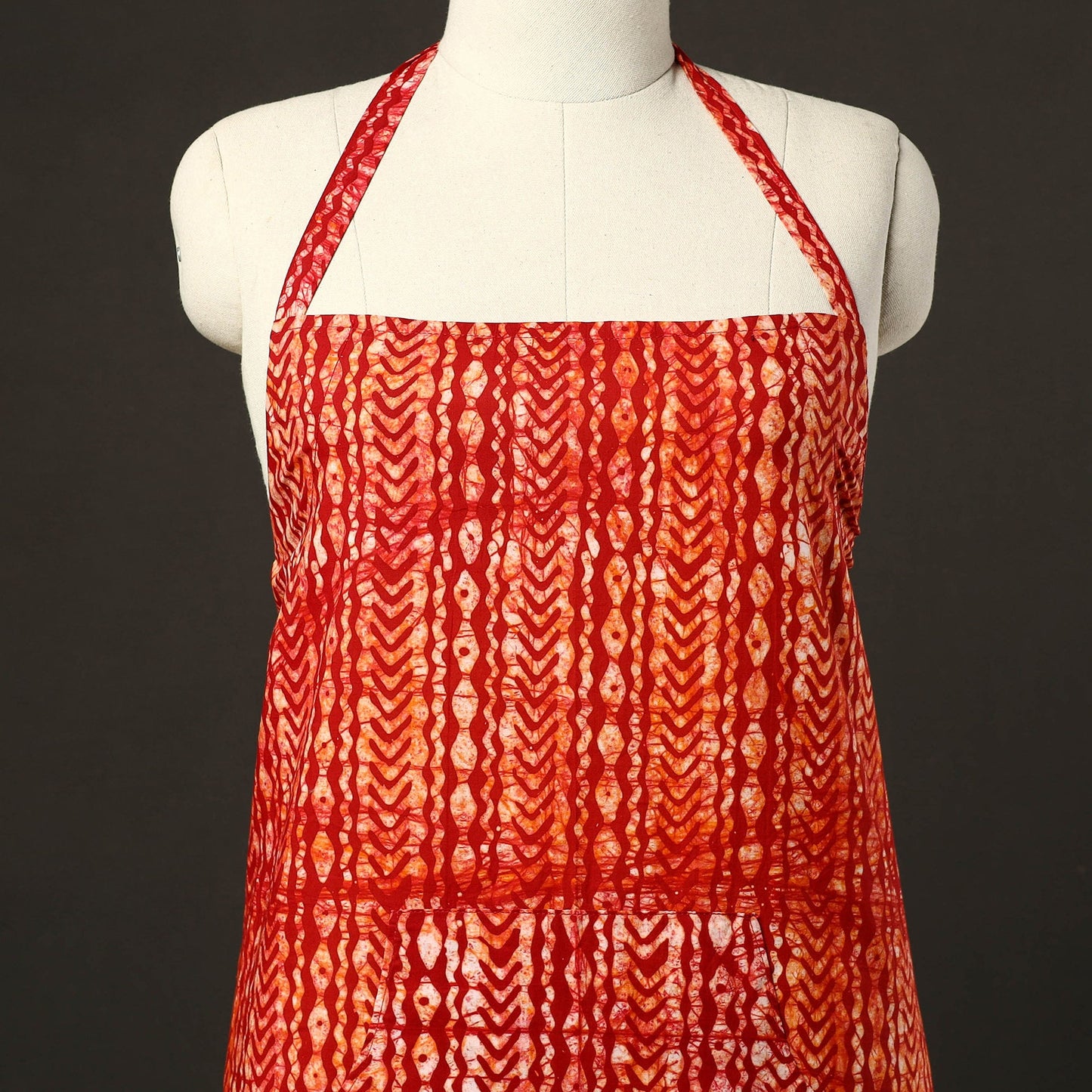 Red - hand batik cotton apron with pocket 10 - handcrafted