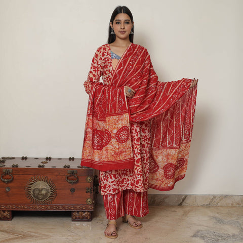  Hand Batik Printed Cotton Kurta with Palazzo & Dupatta Set 01 Online at iTokri.com