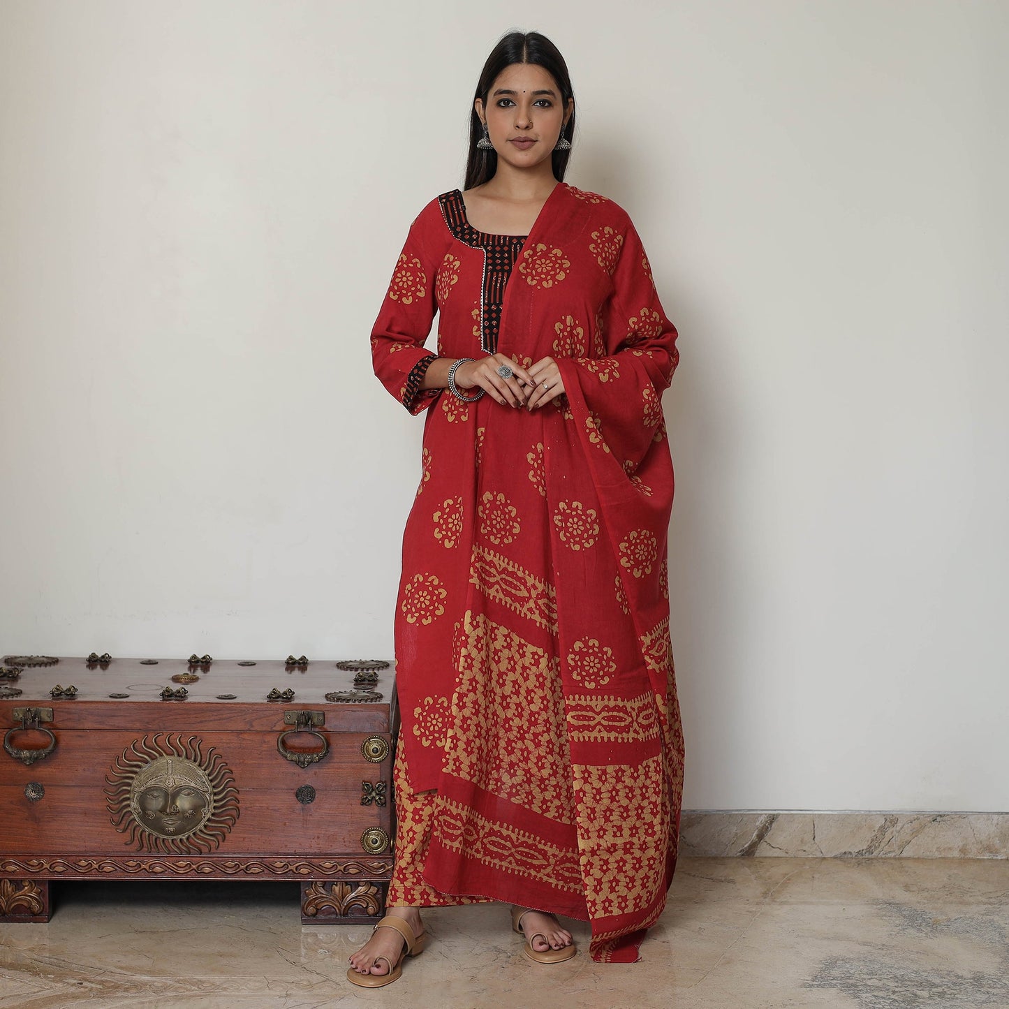  Hand Batik Printed Cotton Kurta with Palazzo & Dupatta Set 07 