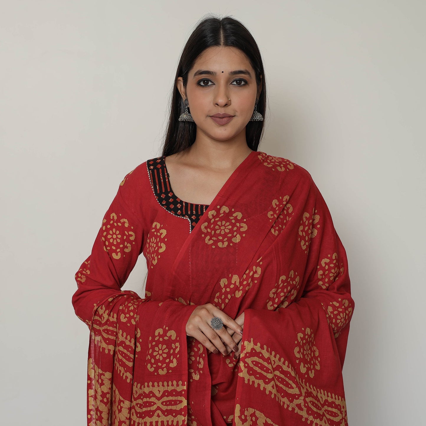  Hand Batik Printed Cotton Kurta with Palazzo & Dupatta Set 07 