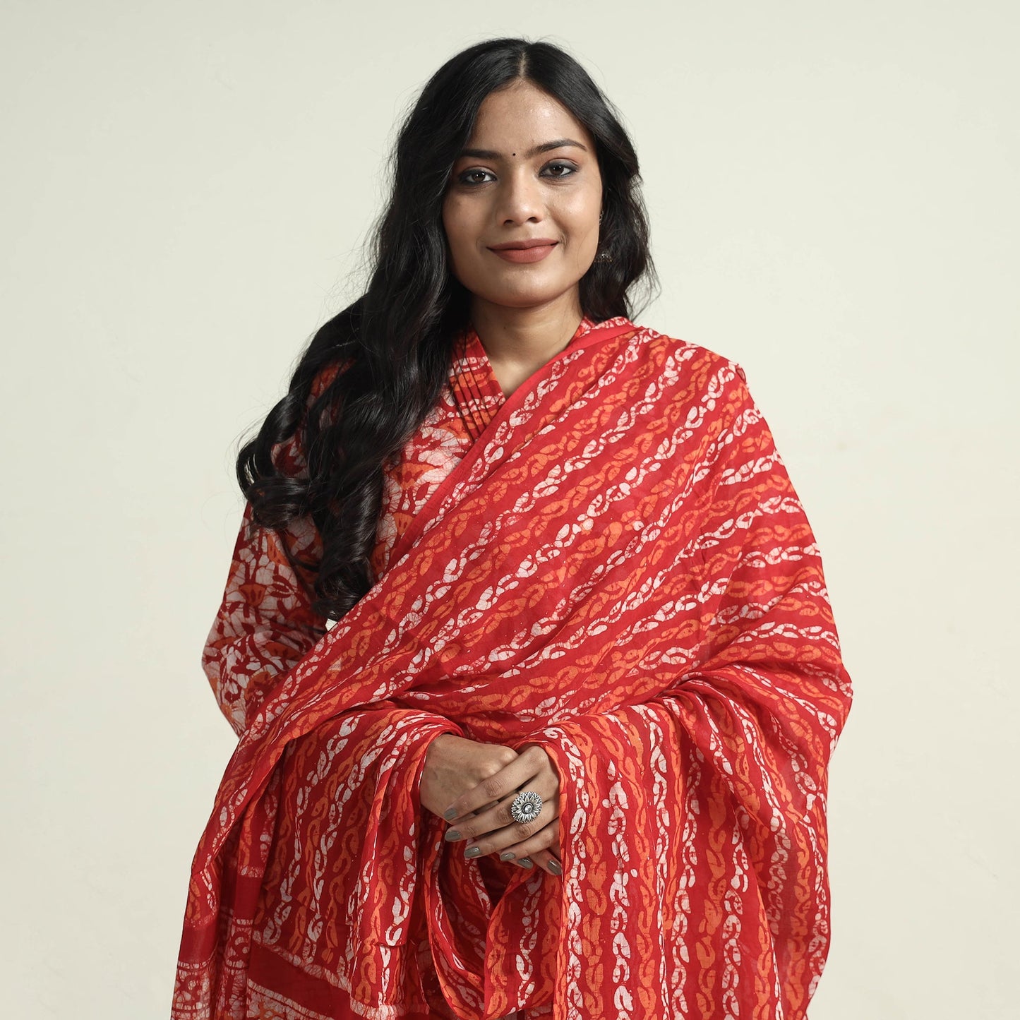 Red - hand batik printed cotton kurta with palazzo &