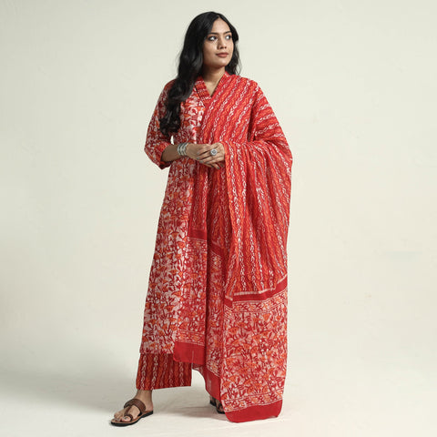 Red - hand batik printed cotton kurta with palazzo &