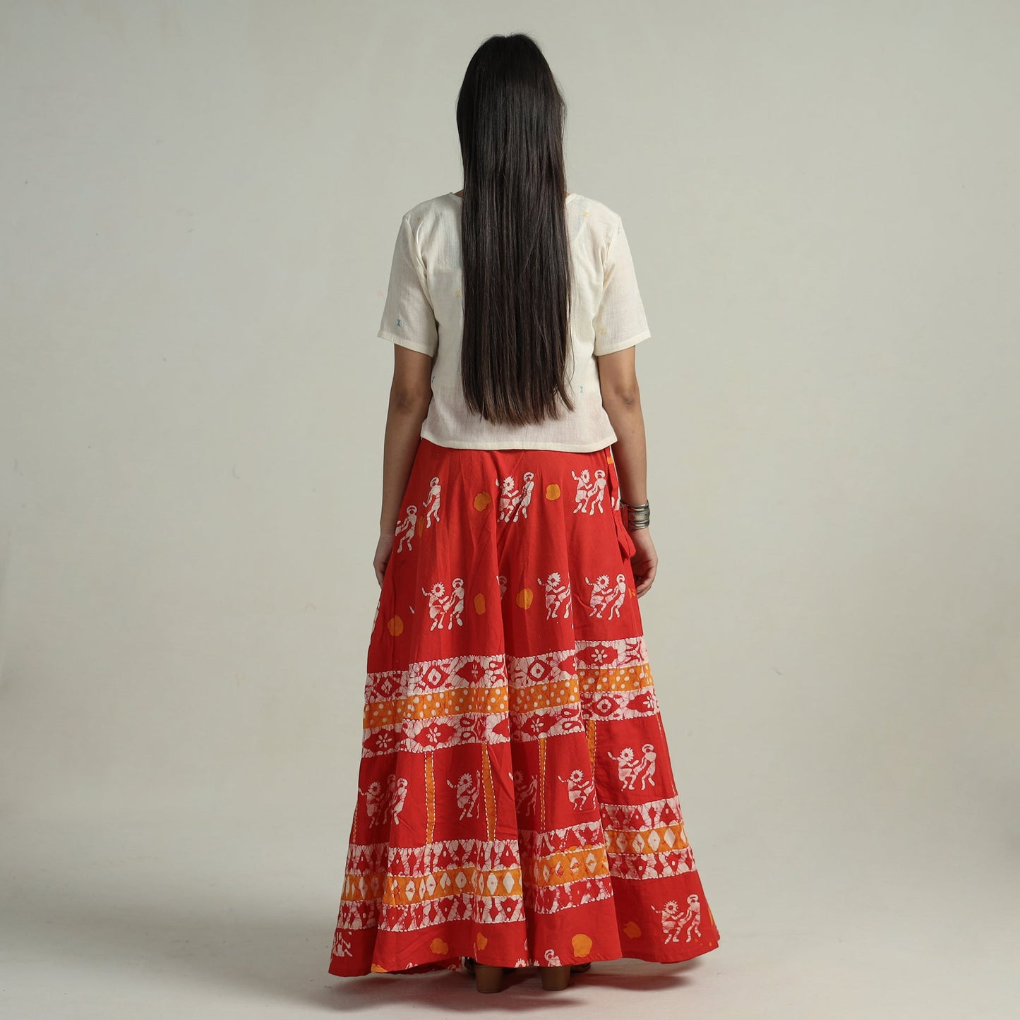 Red Hand Batik Printed Running Stitch Cotton Long Skirt 