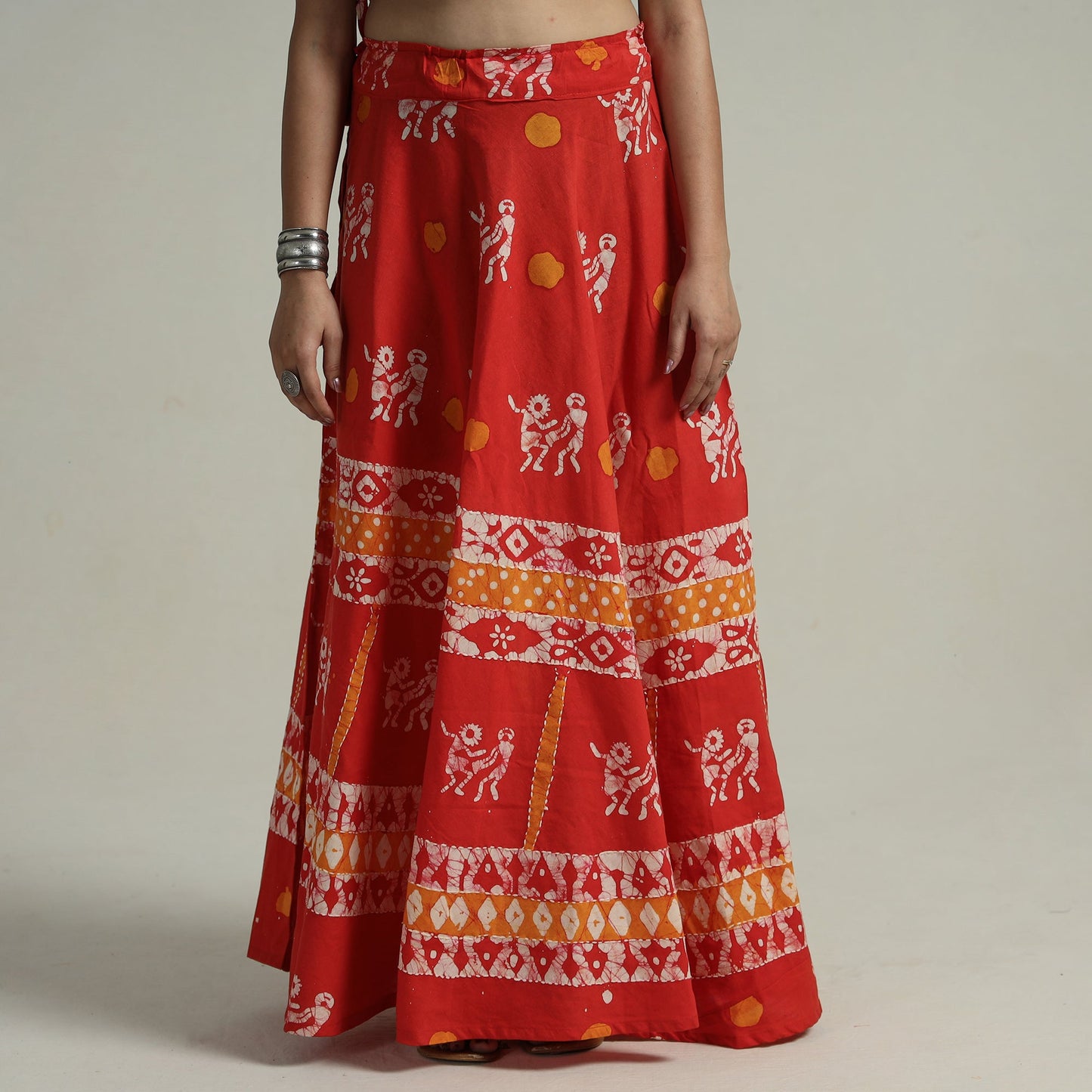 Red Hand Batik Printed Running Stitch Cotton Long Skirt 