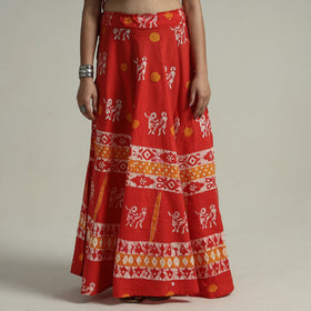 Red Hand Batik Printed Running Stitch Cotton Long Skirt 