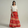 Red Hand Batik Printed Running Stitch Cotton Long Skirt 