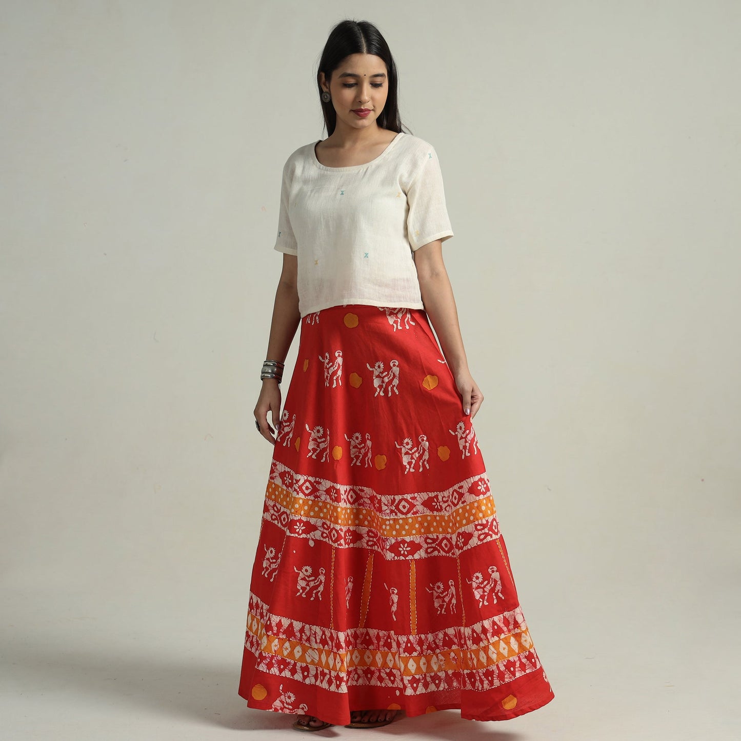 Red Hand Batik Printed Running Stitch Cotton Long Skirt 