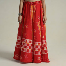 Red - hand batik printed running stitch cotton long skirt