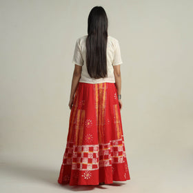 Red - hand batik printed running stitch cotton long skirt