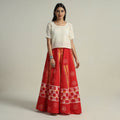 Red - hand batik printed running stitch cotton long skirt