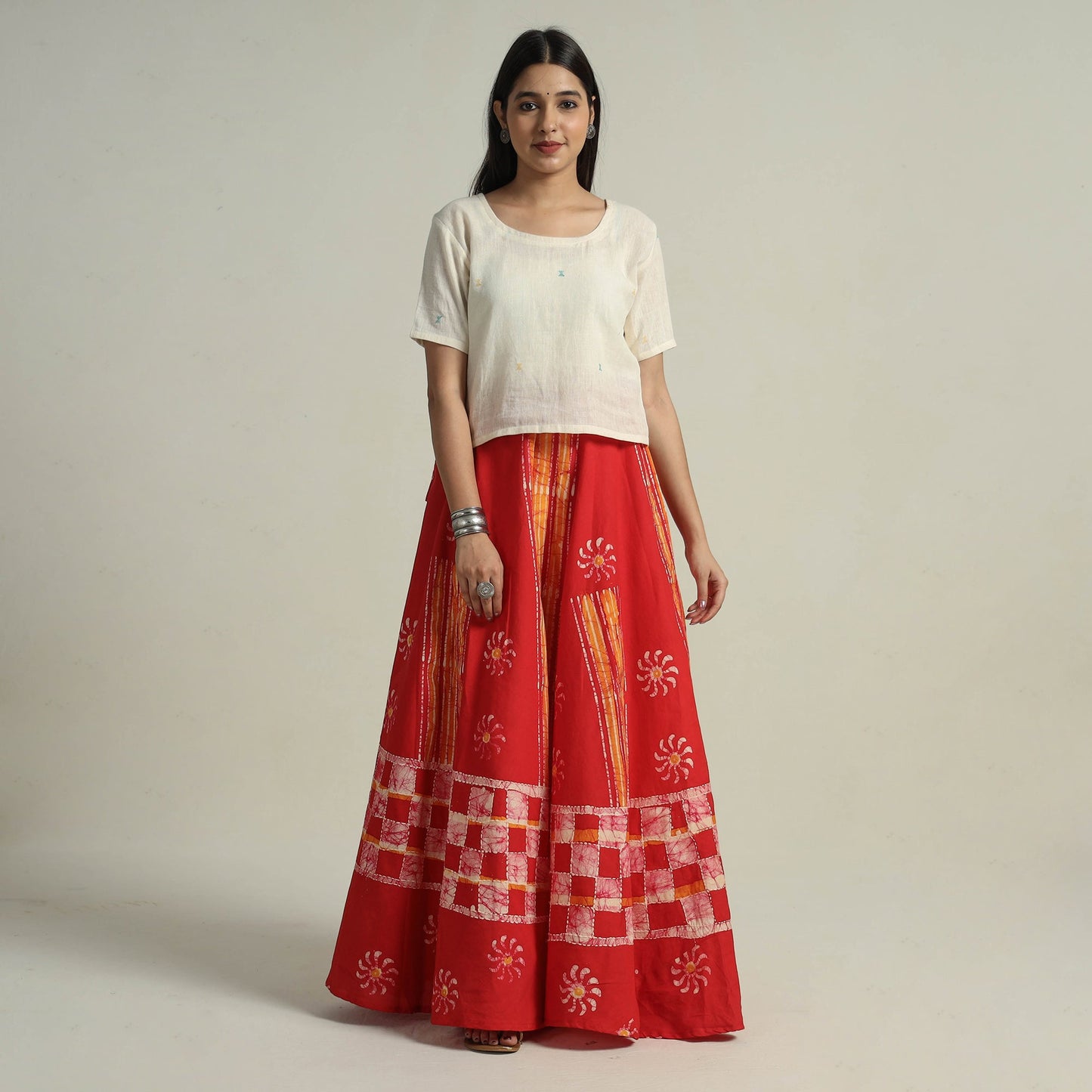 Red - hand batik printed running stitch cotton long skirt