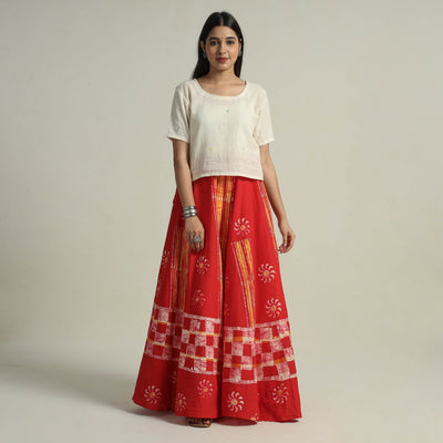 Red - hand batik printed running stitch cotton long skirt