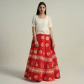 Red Hand Batik Printed Running Stitch Cotton Long Skirt