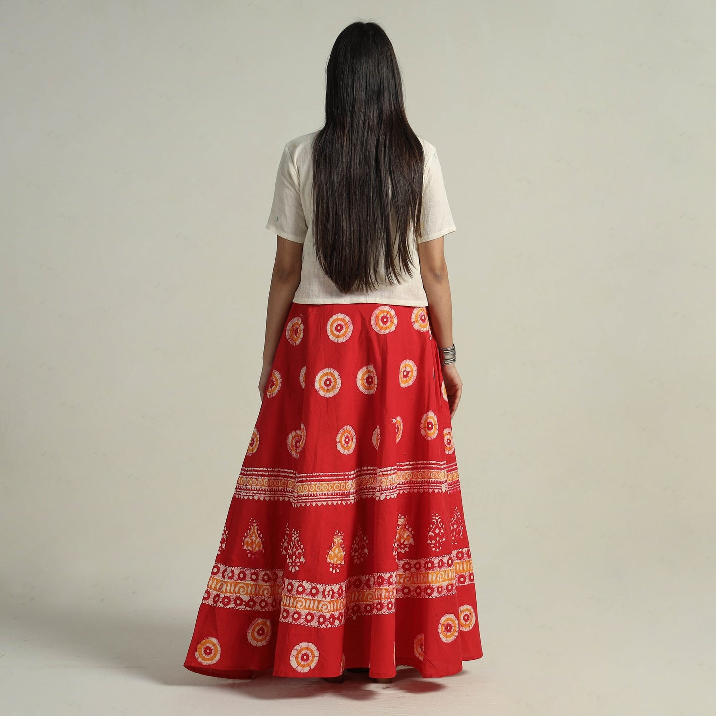 Red Hand Batik Printed Running Stitch Cotton Long Skirt