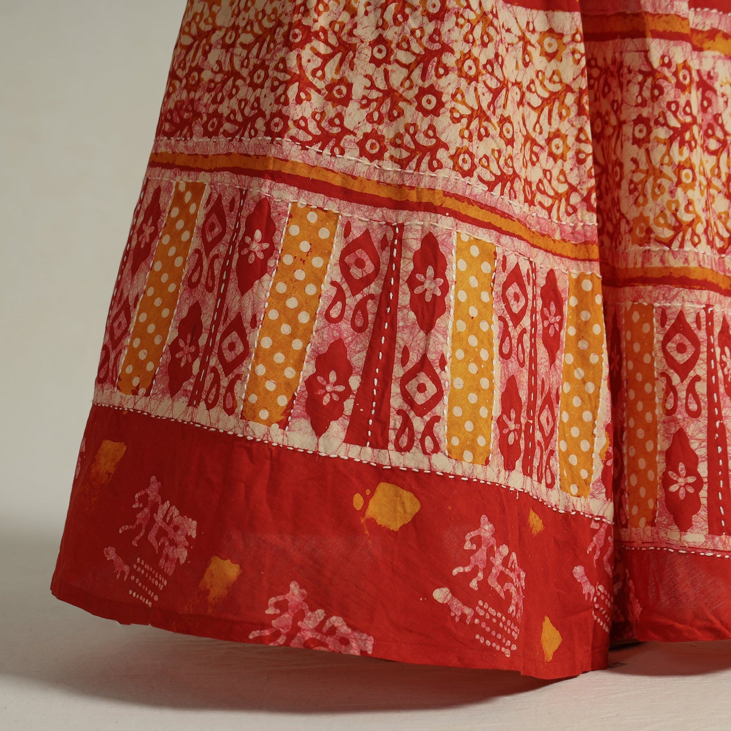 Red Hand Batik Printed Running Stitch Cotton Long Skirt