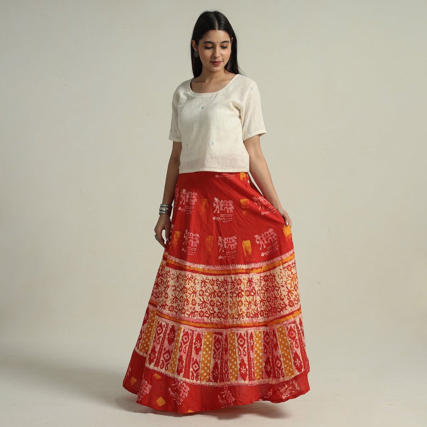Red Hand Batik Printed Running Stitch Cotton Long Skirt