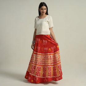Red Hand Batik Printed Running Stitch Cotton Long Skirt