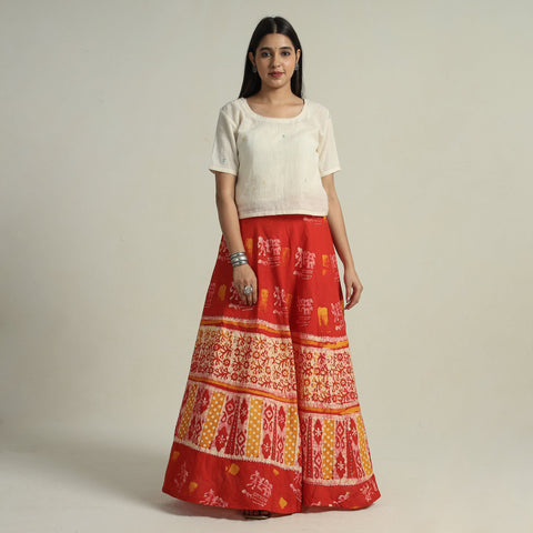 Red Hand Batik Printed Running Stitch Cotton Long Skirt