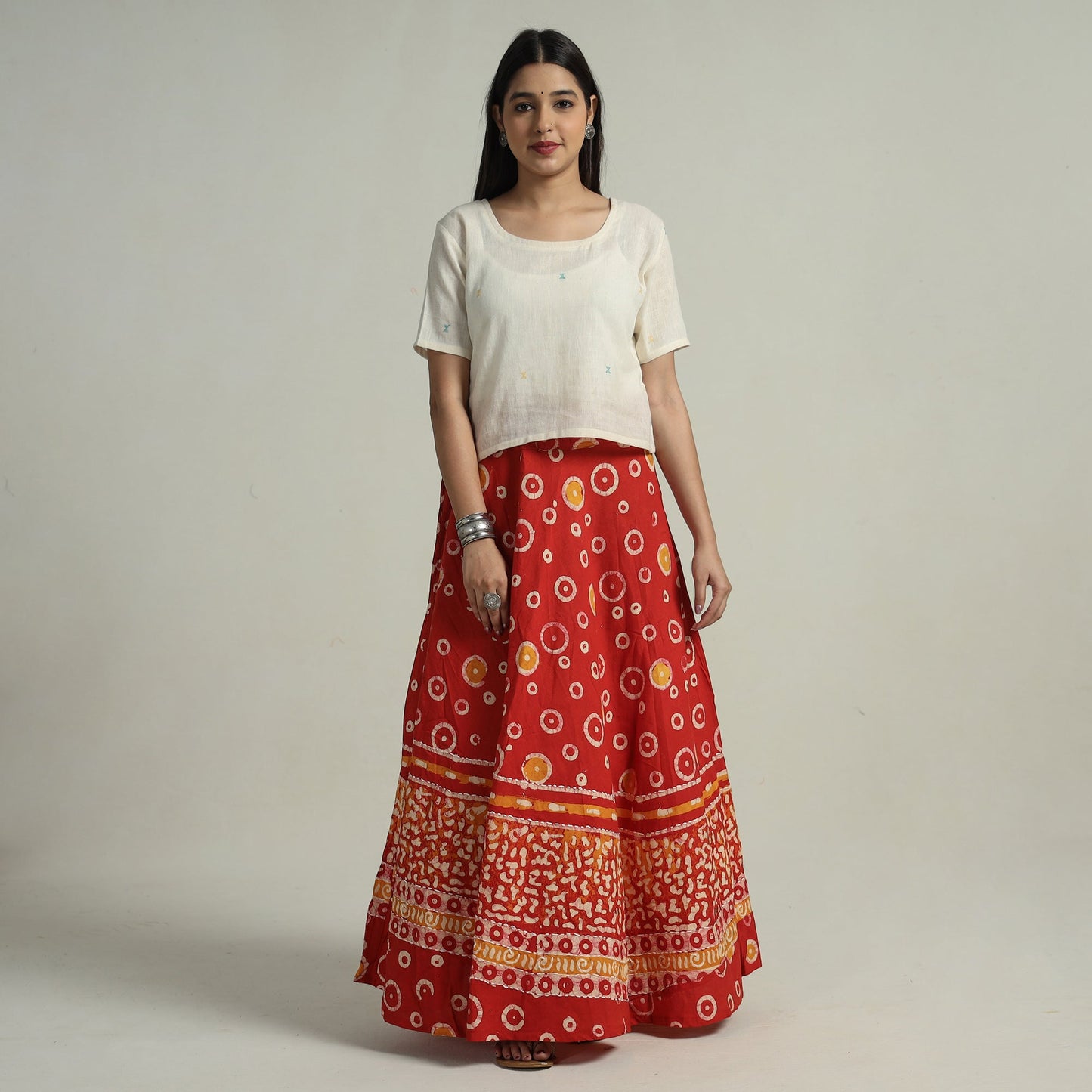 Red - hand batik printed running stitch cotton long skirt