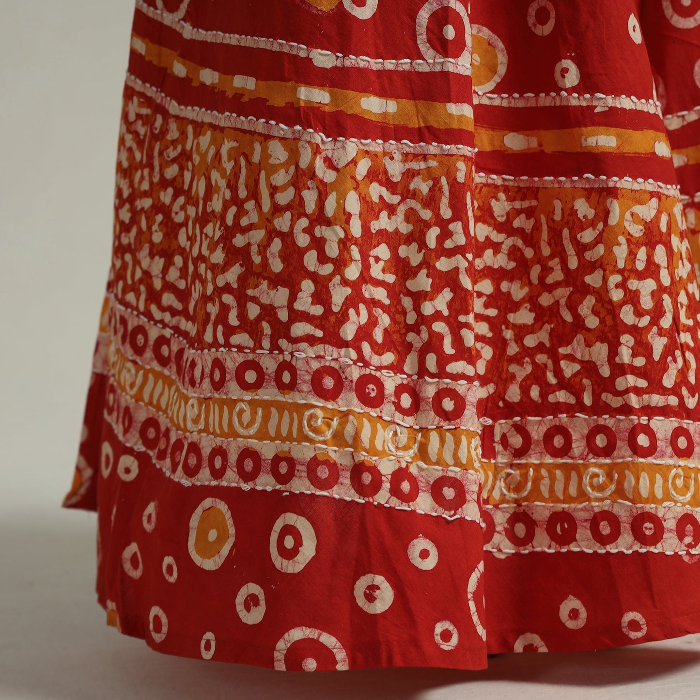 Red - hand batik printed running stitch cotton long skirt