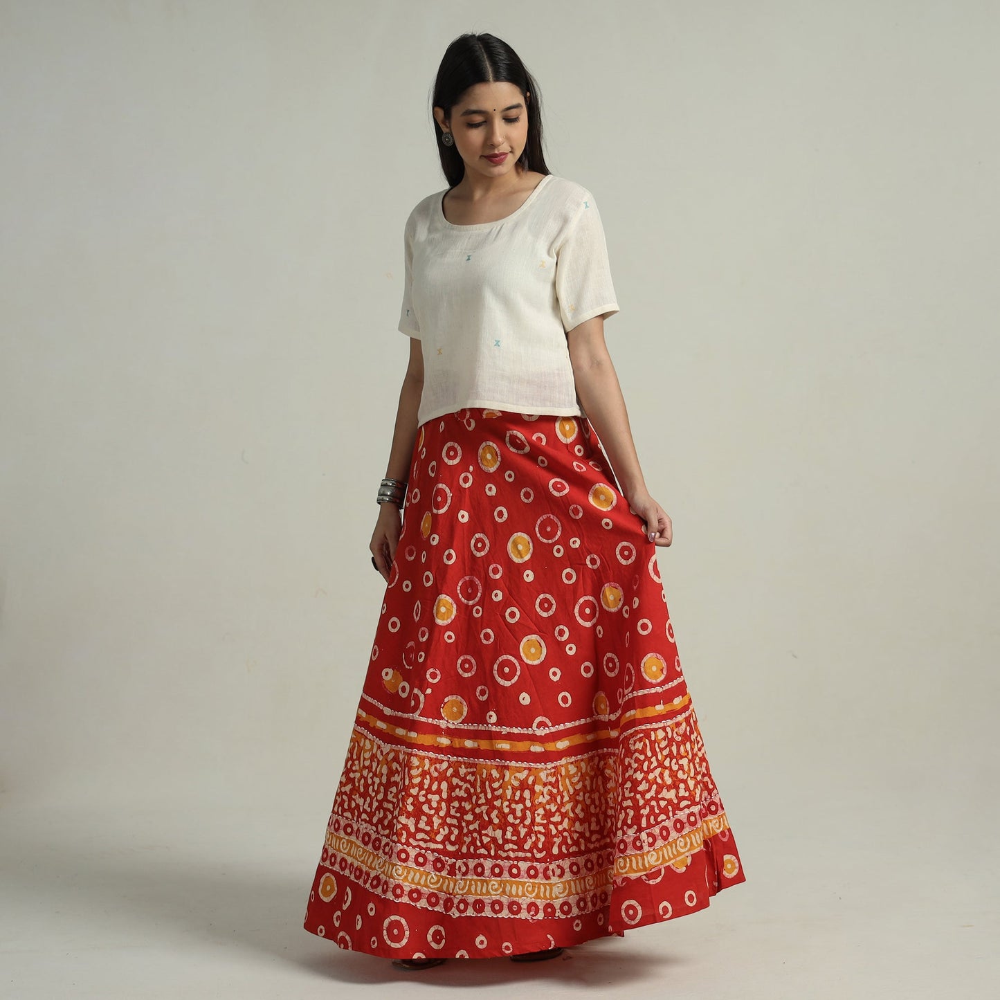 Red - hand batik printed running stitch cotton long skirt