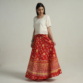 Red - hand batik printed running stitch cotton long skirt