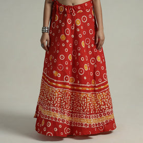 Red - hand batik printed running stitch cotton long skirt