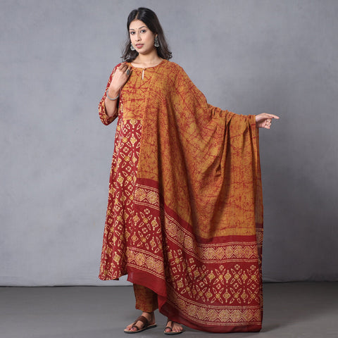 Hand Batik Printing Cotton Kurta with Palazzo & Dupatta Set 