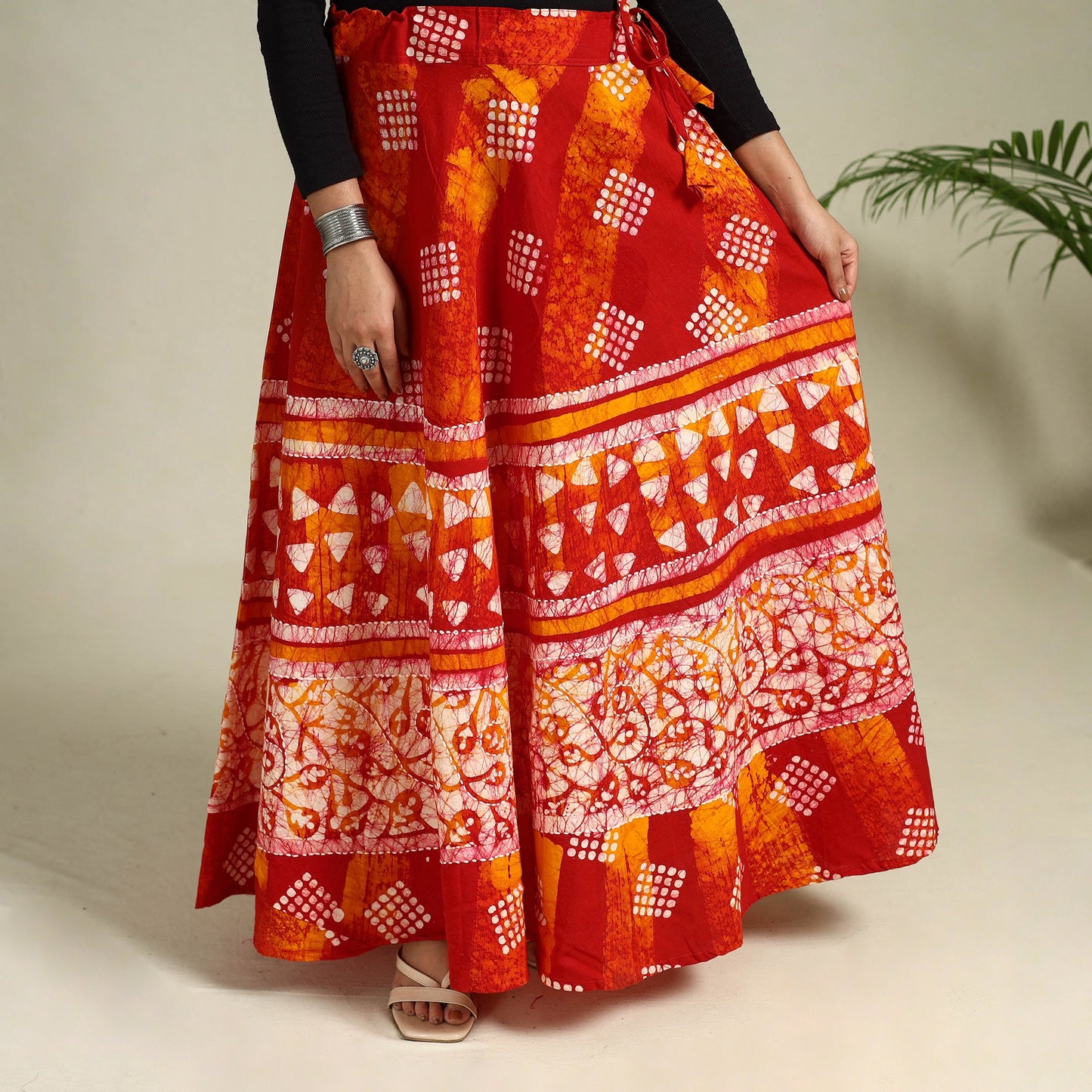Red Hand Batik Print Running Stitch Cotton Long Skirt