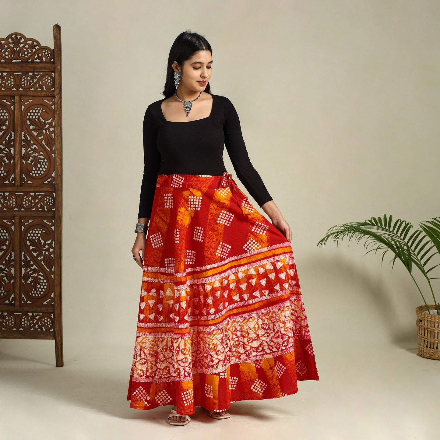 Red Hand Batik Print Running Stitch Cotton Long Skirt