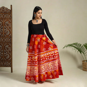Red Hand Batik Print Running Stitch Cotton Long Skirt