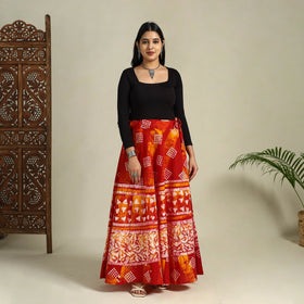 Red Hand Batik Print Running Stitch Cotton Long Skirt