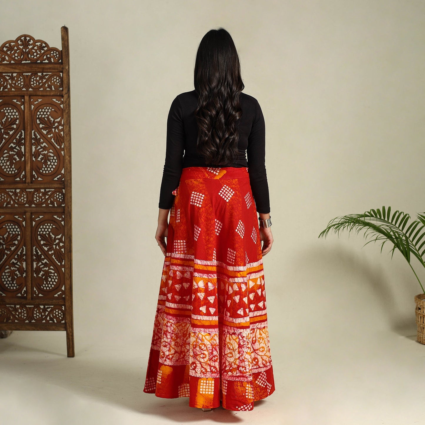 Red Hand Batik Print Running Stitch Cotton Long Skirt