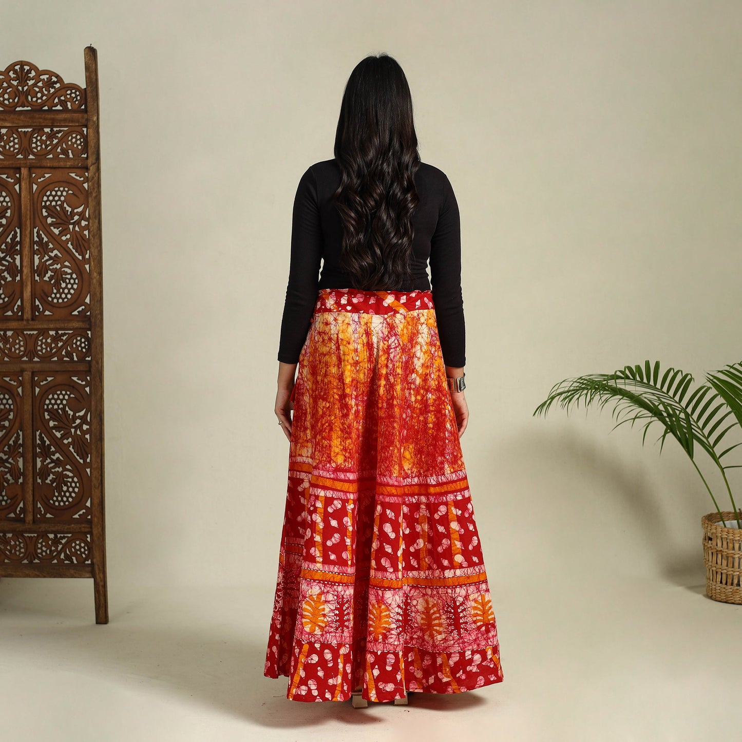 Red Hand Batik Print Running Stitch Cotton Long Skirt