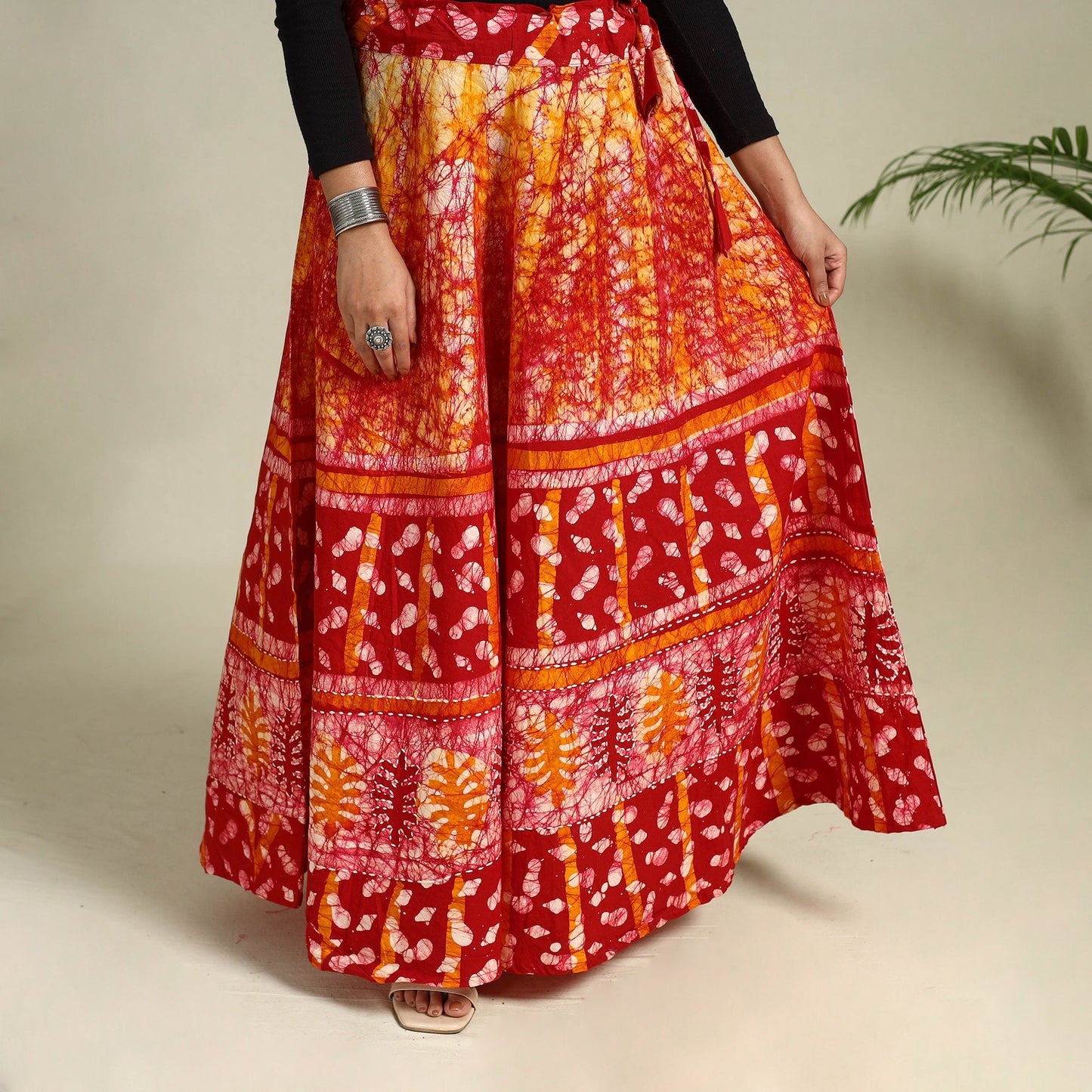 Red Hand Batik Print Running Stitch Cotton Long Skirt