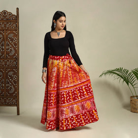 Red Hand Batik Print Running Stitch Cotton Long Skirt