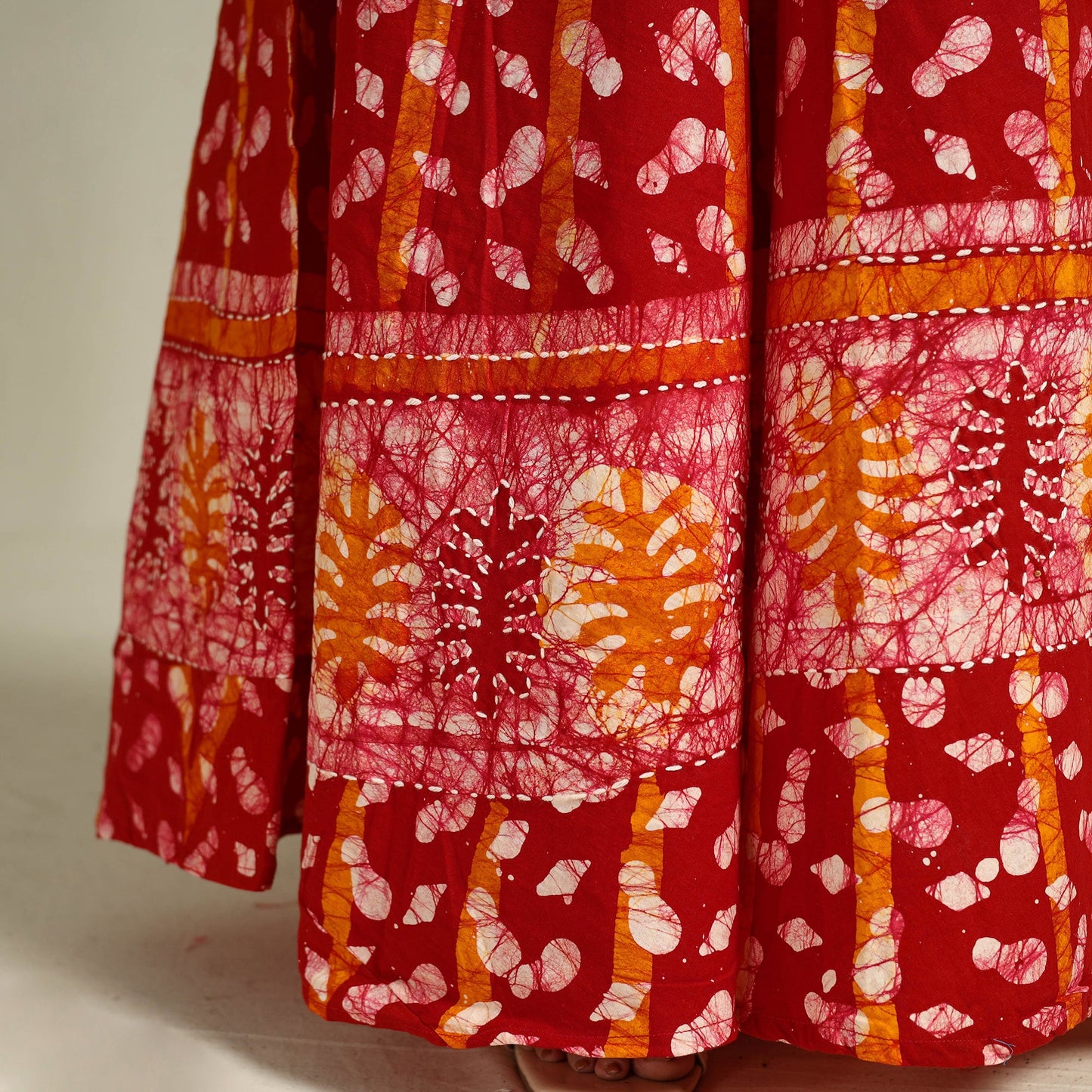 Red Hand Batik Print Running Stitch Cotton Long Skirt
