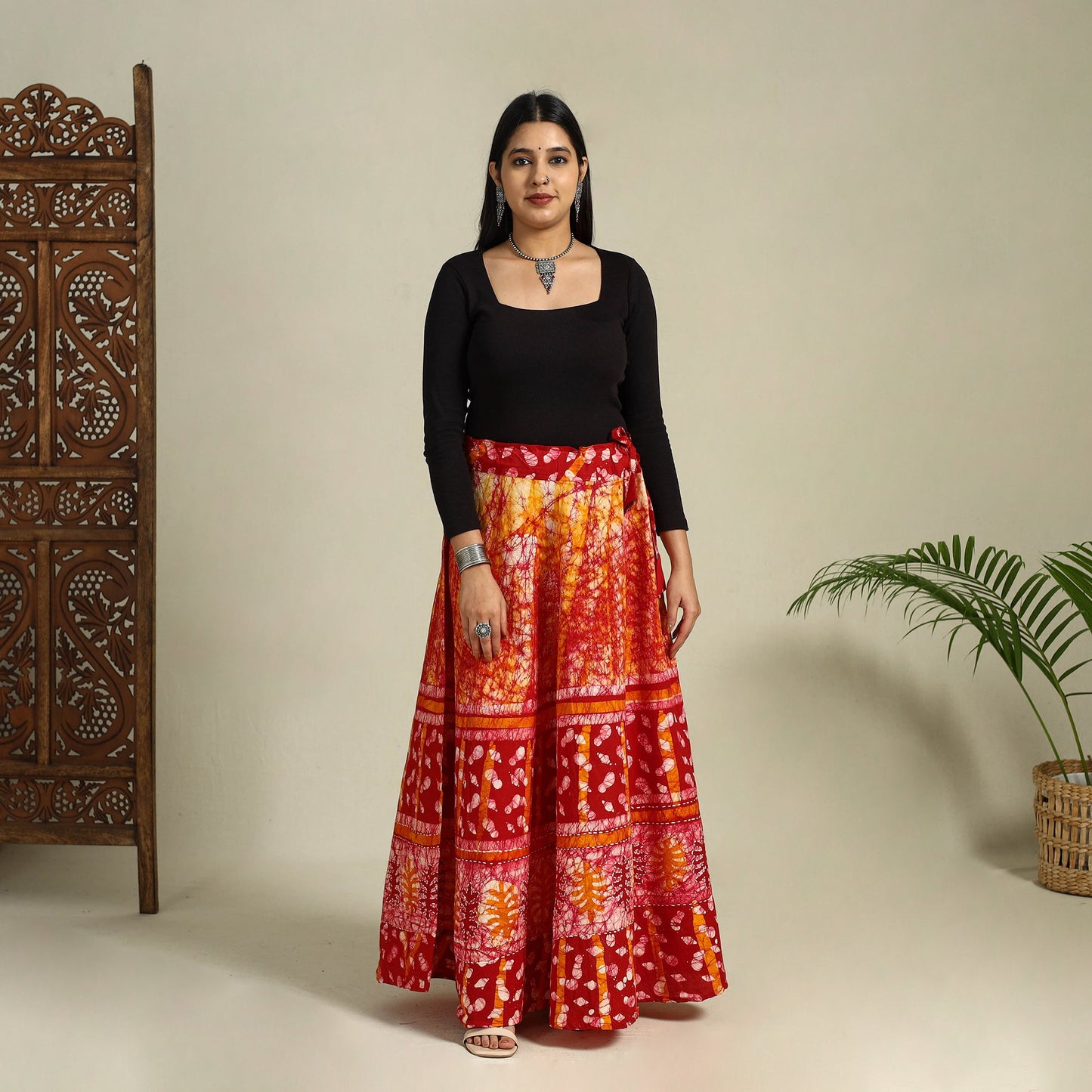 Red Hand Batik Print Running Stitch Cotton Long Skirt