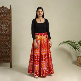 Red Hand Batik Print Running Stitch Cotton Long Skirt