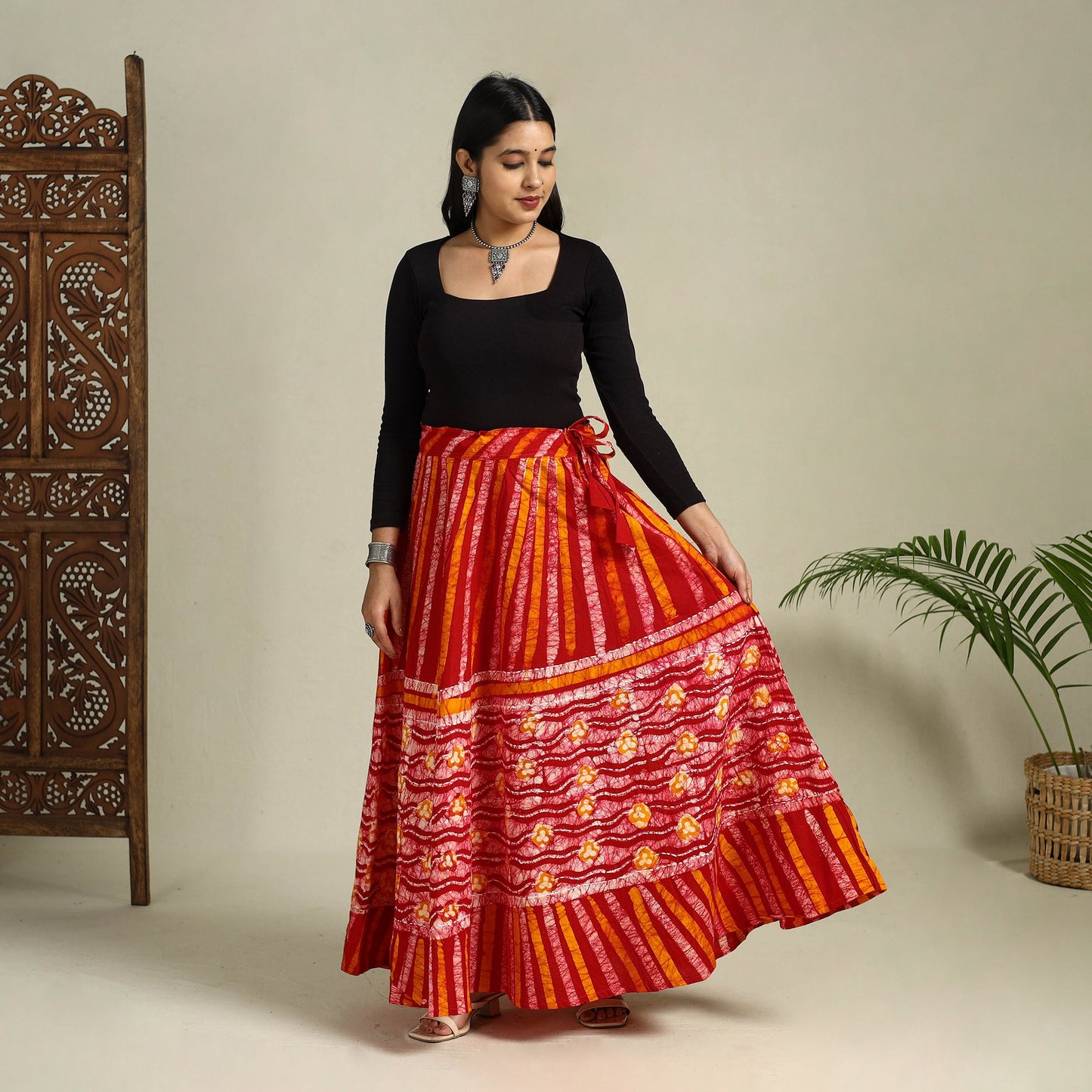 Red Hand Batik Print Running Stitch Cotton Long Skirt