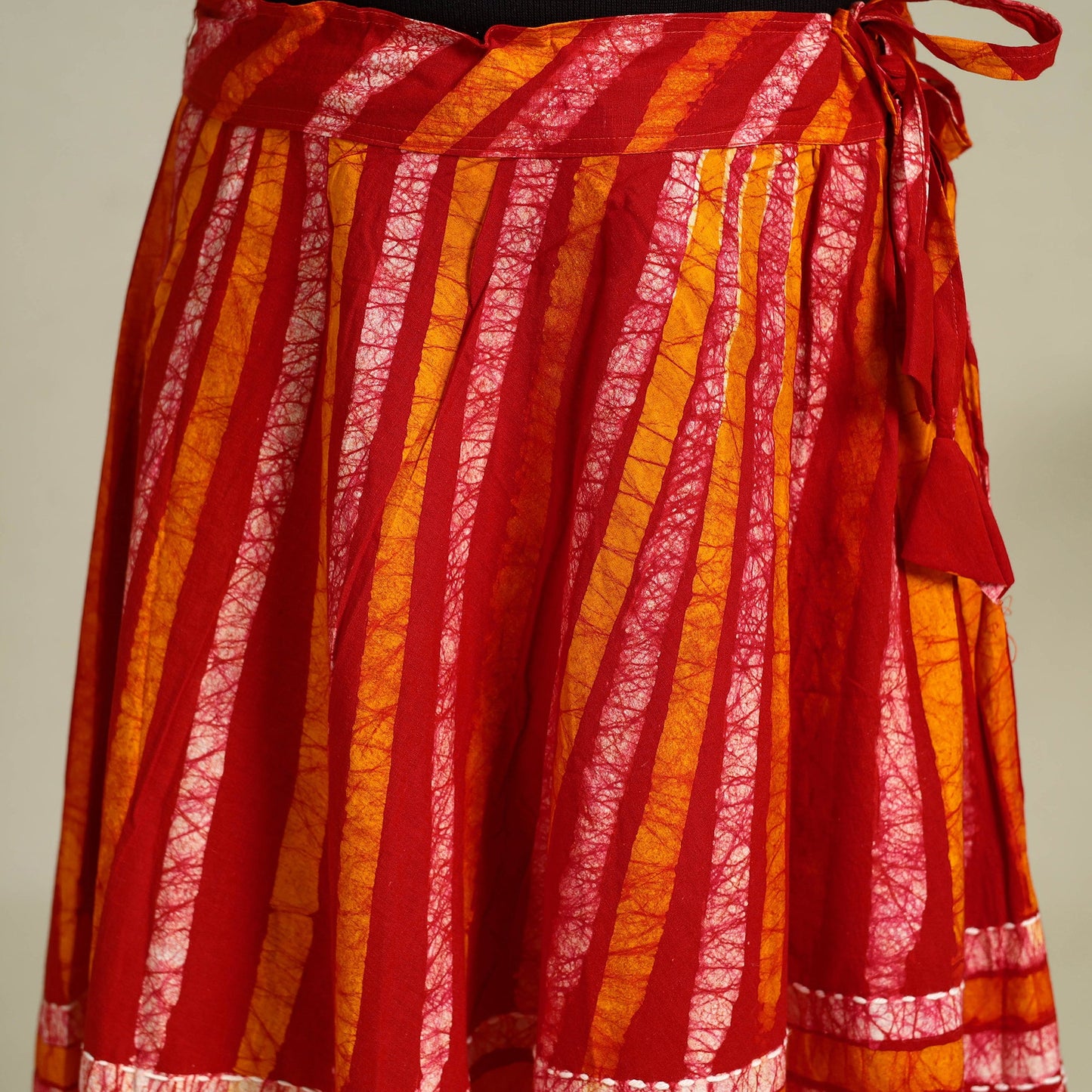 Red Hand Batik Print Running Stitch Cotton Long Skirt