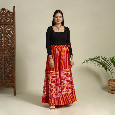 Red Hand Batik Print Running Stitch Cotton Long Skirt