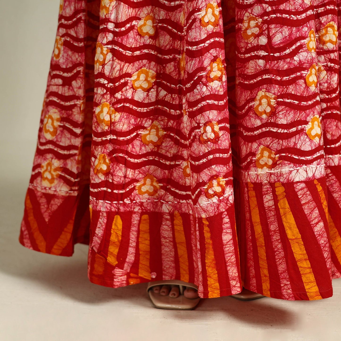 Red Hand Batik Print Running Stitch Cotton Long Skirt
