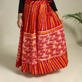 Red Hand Batik Print Running Stitch Cotton Long Skirt