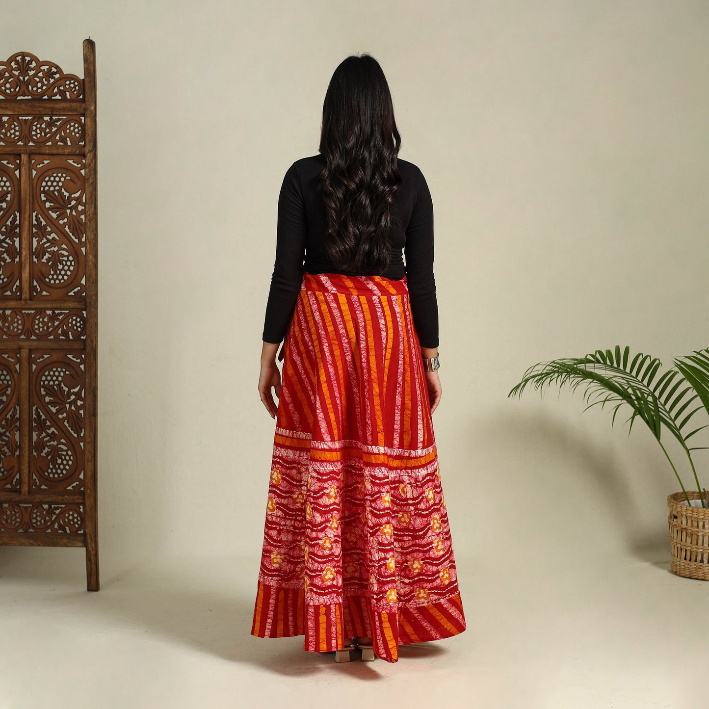 Red Hand Batik Print Running Stitch Cotton Long Skirt