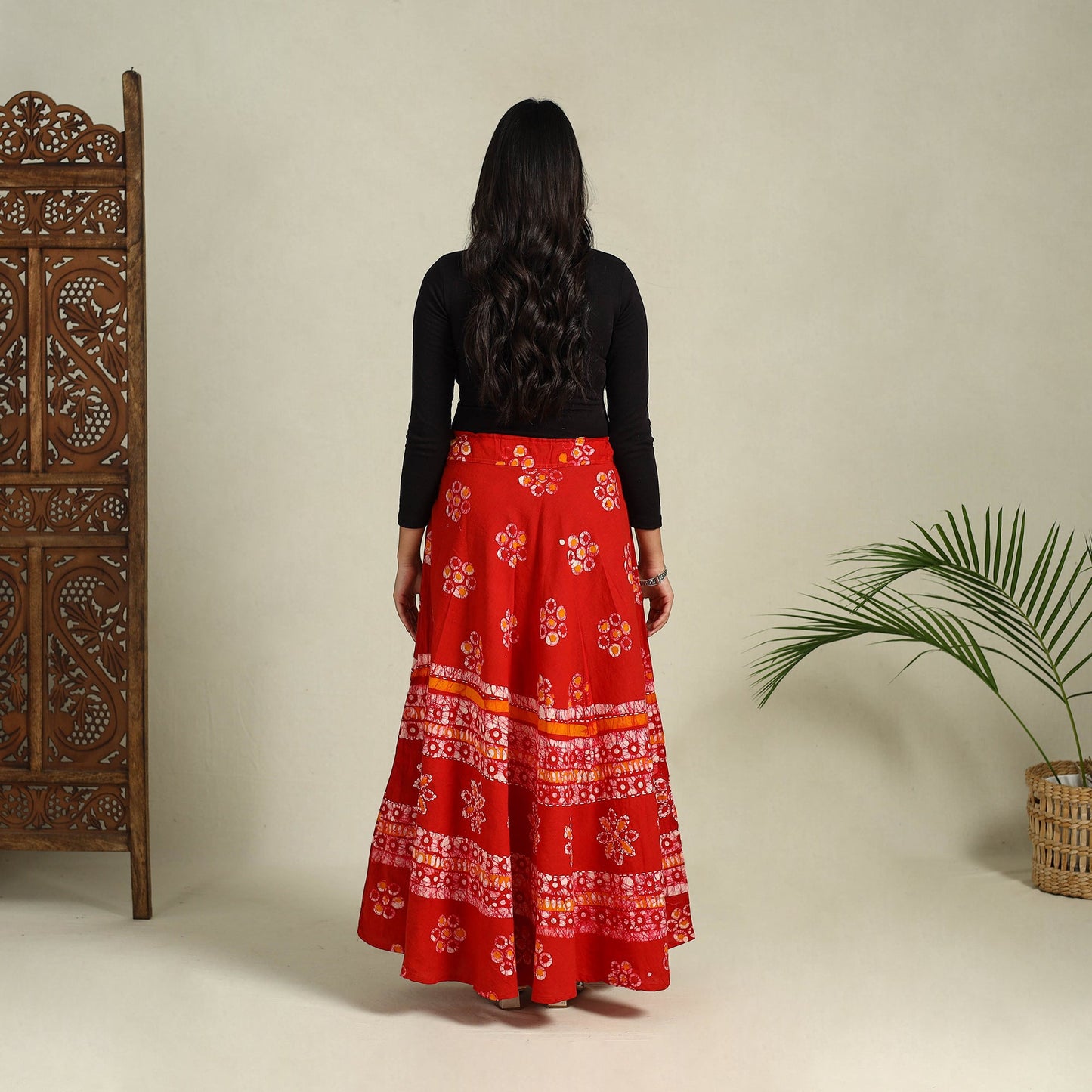Red Hand Batik Print Running Stitch Cotton Long Skirt