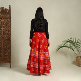 Red Hand Batik Print Running Stitch Cotton Long Skirt
