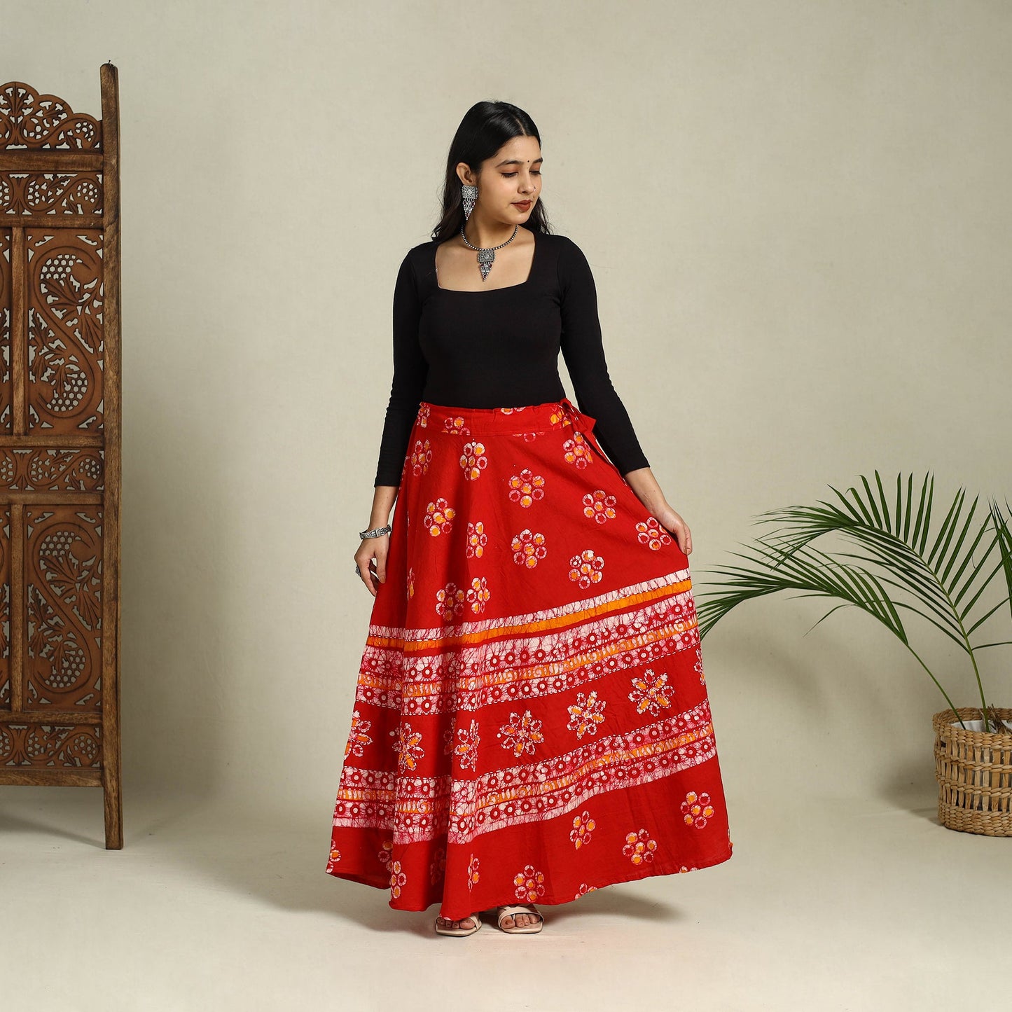 Red Hand Batik Print Running Stitch Cotton Long Skirt
